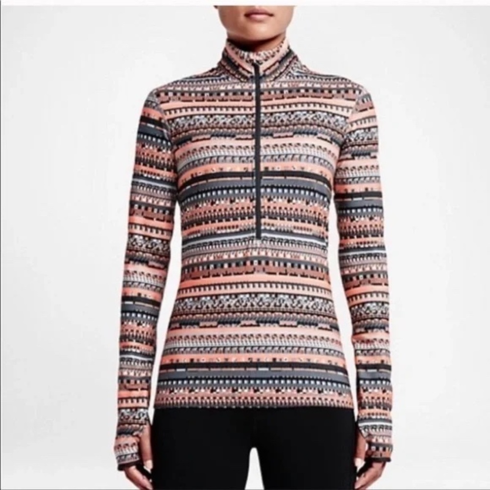 Nike Pro 1/2 Zip Running Aztec Print Orange Pullover with thumb holes - Small